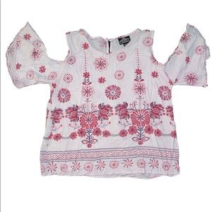 Angie white and pink floral cold shoulder top